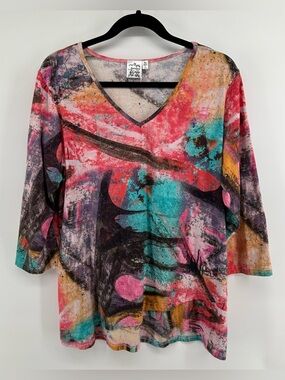 Parsley & Sage Top XL Abstract Art Print Tunic Lagenlook Artsy Boho 3/4 Sleeve